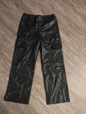 Wayf Black Wide Leg Faux Leather Cargo Pants
